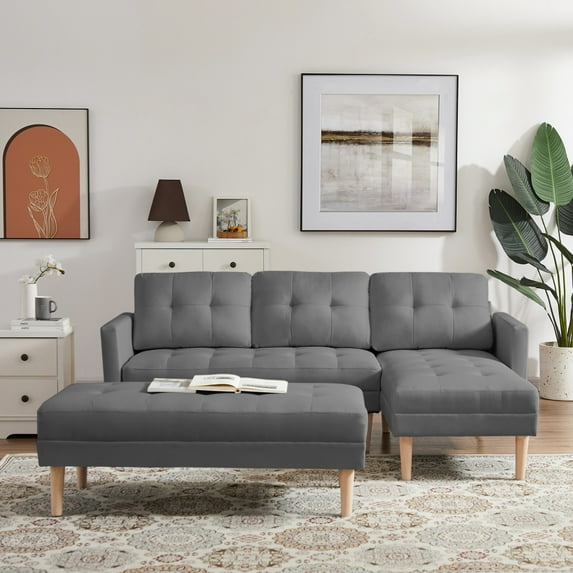 Sectional Sofa Bed with Ottoman, L-shape Sofa Chaise Lounge with Bench, Modern 3 Seater Sofa Couch with Solid Wood Legs for Living Room Bedroom Office Apartment, Grey