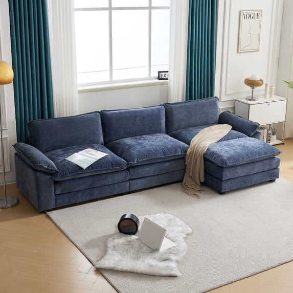 Sectional Sofa Chenille 3-Seat Sofa Couch with Ottoman, Modern Deep Sectional Sofa Comfy Upholstered L-Shape Sofa with Double Layer Seat Cushion for Living Room, Apartment, Office, Studio, Blue