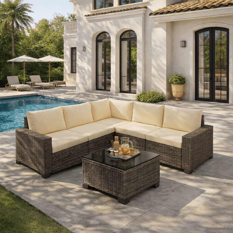 Aiho Outdoor Patio Furniture Set with All Weather Wicker, 6 Pieces Outdoor Sectional Sofa with Soft Cushions and Coffee Table, For Garden, Backyard, Poolside, Patio, Porch and Balcony - Beige