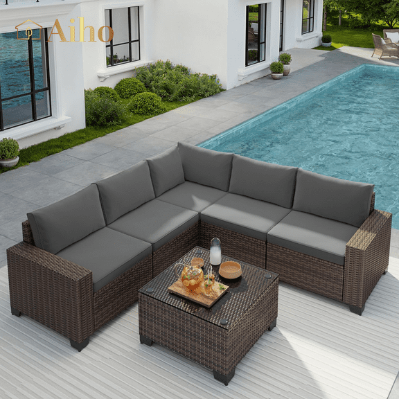 Aiho Outdoor Patio Furniture Set with All Weather Wicker, 6 Pieces Outdoor Sectional Sofa with Soft Cushions and Coffee Table, For Garden, Backyard, Poolside, Patio, Porch and Balcony - Gray