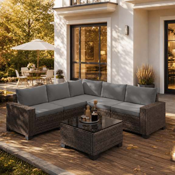 Aiho Outdoor Patio Furniture Set with All Weather Wicker, 6 Pieces Outdoor Sectional Sofa with Soft Cushions and Coffee Table, For Garden, Backyard, Poolside, Patio, Porch and Balcony - Gray