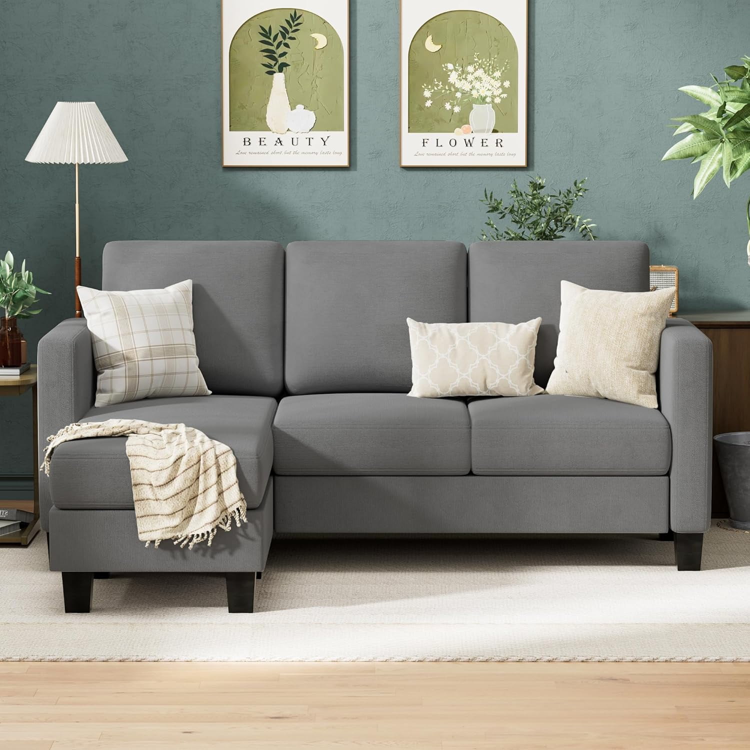 Sectional Sofa Couch, 3 seat L-Shaped Small Sofa with Movable Ottoman ...