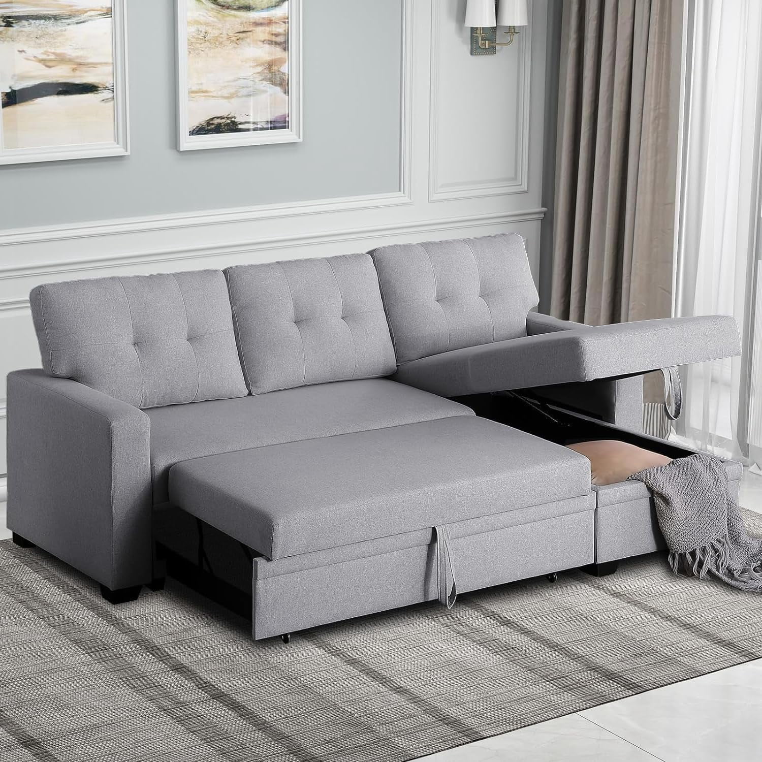 Sectional Sofa Couch, 4in1 Sleeper Sofa Bed with Reversible Storage