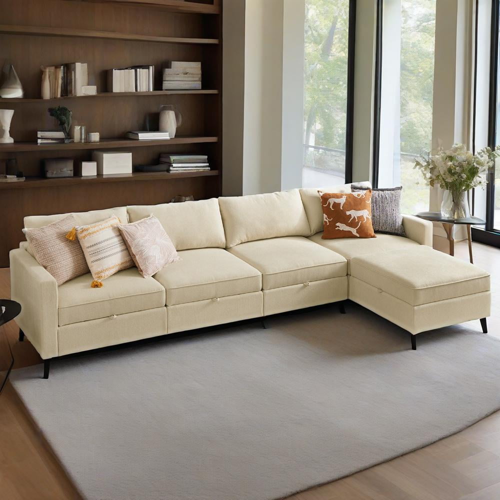 Sectional Sofa Couch, 5 Seat Sofa Set with Storage for Living Room, Modern Modular Sofa Sleeper with Ottoman, Beige