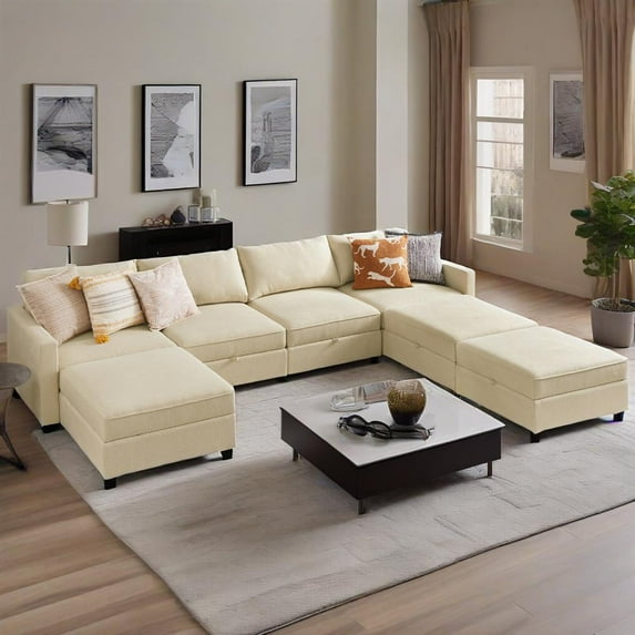 Sectional Sofa Couch, 7 Seat Sofa Set with Storage for Living Room, Modern Modular Sofa Sleeper with Ottoman, Beige