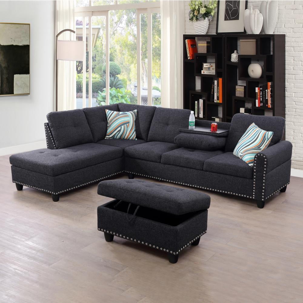 Sectional Sofa Couch, L Shaped Sofas with Ottoman Sectional Couches for Living Room, Apartment, Studio, Office, Linen, Black