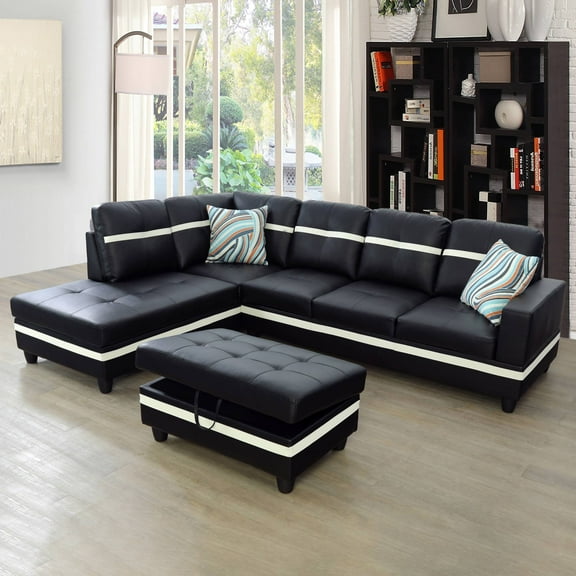 Sectional Sofa Couch, Leather L Shape Sofa Couch Set with Chaise and Storage Ottoman for Living Room, Black