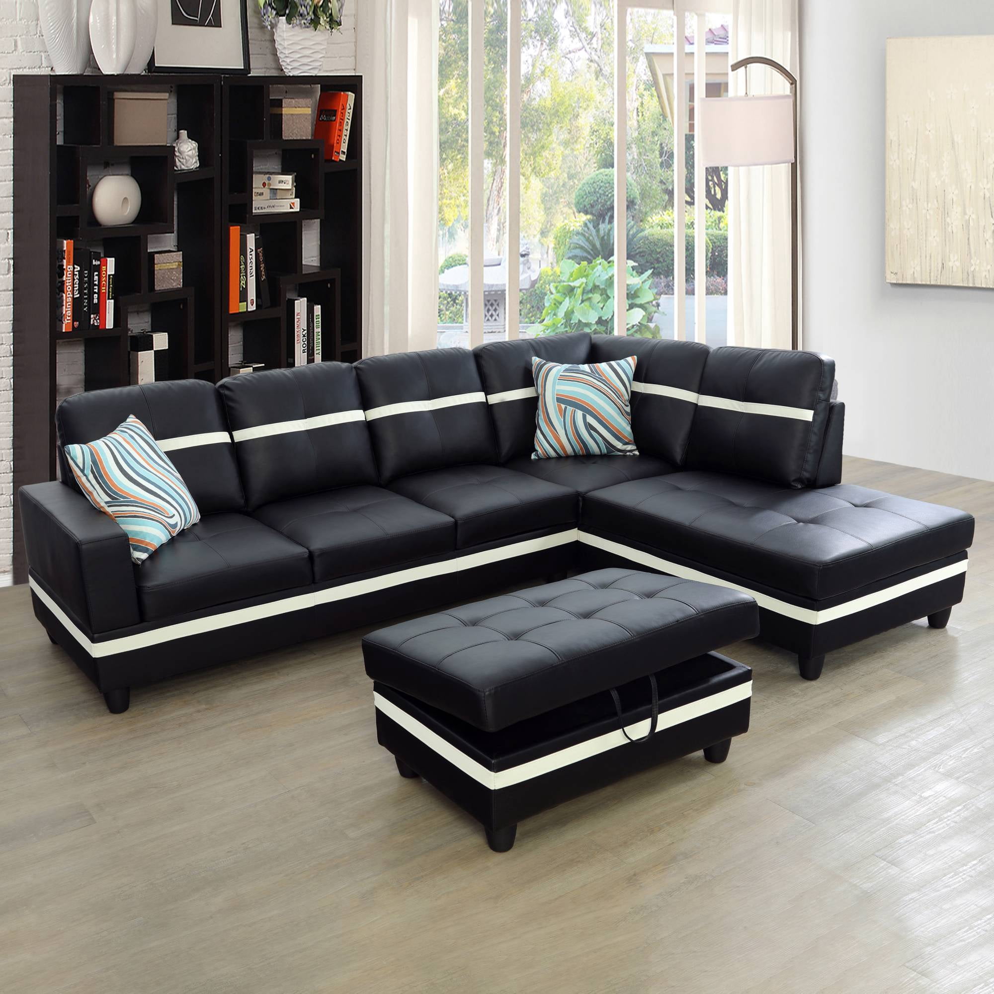Sectional Sofa Couch, Leather L Shape Sofa Couch Set with Chaise and Storage Ottoman for Living Room, Black
