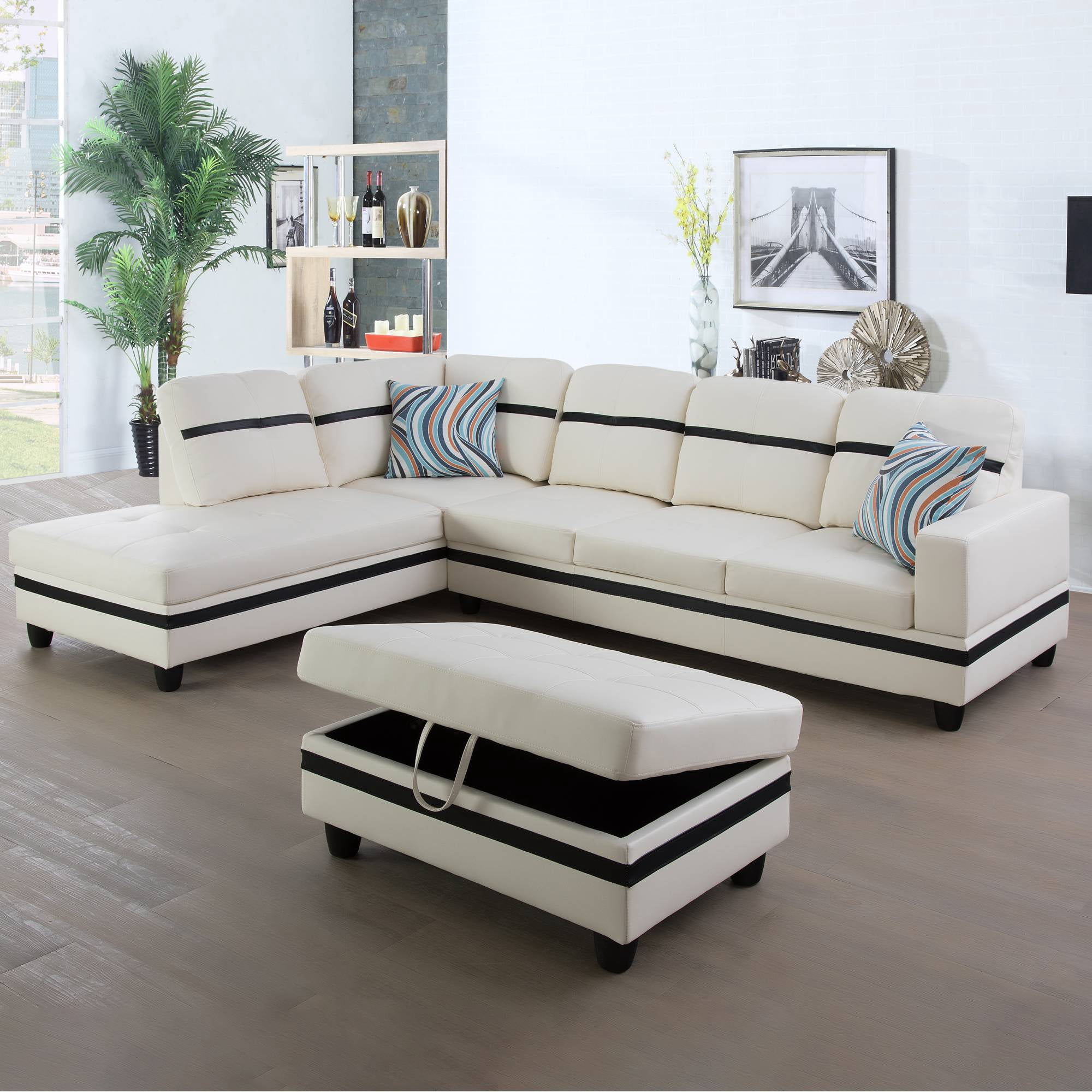 Sectional Sofa Couch, Leather L Shape Sofa Couch Set with Chaise and Storage Ottoman for Living Room, White