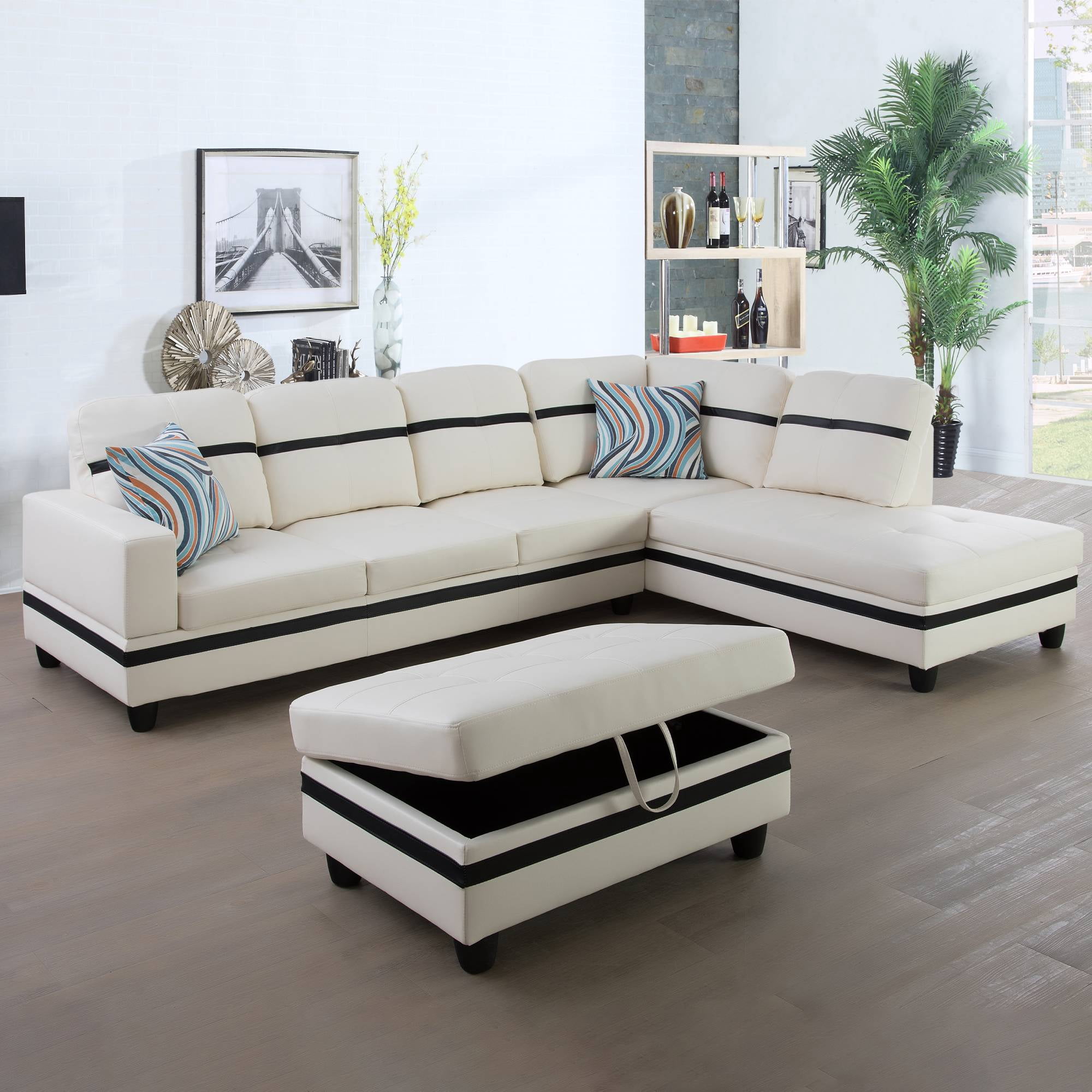 Sectional Sofa Couch, Leather L Shape Sofa Couch Set with Chaise and Storage Ottoman for Living Room, White