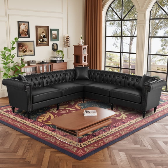 Sectional Sofa Couch for Living Room, L Shaped Reversible Modern Chesterfield Sofa with Rolled Arms and Nailhead, 5 Seat Tufted Couch for Small or Large Space(Black) PU Leather