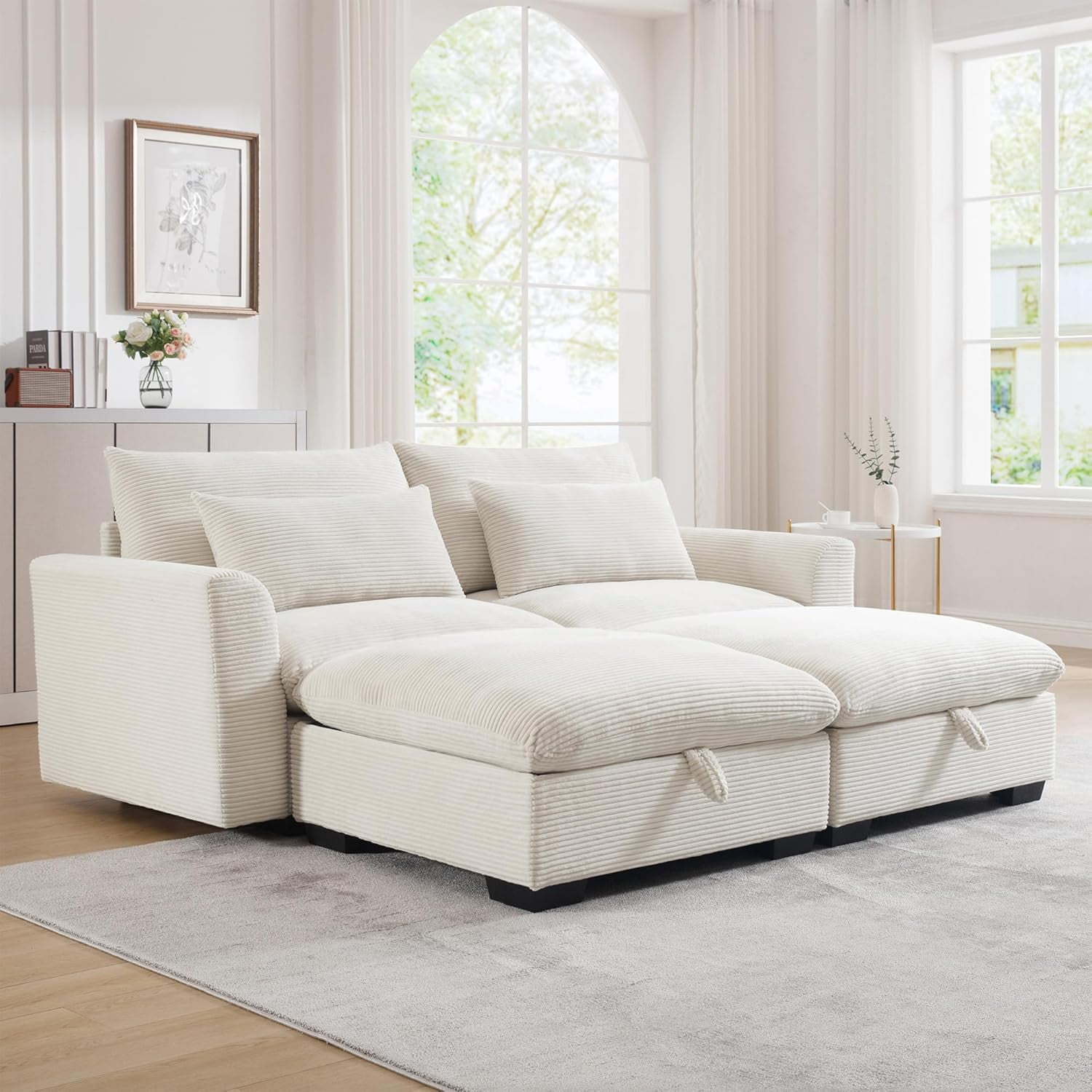 Sectional Sofa Couch with Ottoman, 86.8" Comfy Corduroy Chaise Lounge