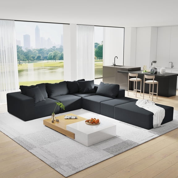 ODUWA L Shaped 132 Inch Corduroy Modular and Free Combination Sectional Sofas with 6 Pillows, Black
