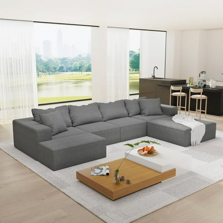 Sectional Sofa Couch Set, Modular 132" L Shaped Couch Set with 6 Pillows, Free Combination Upholstered Sofa Couch for Living Room, Bedroom, Grey