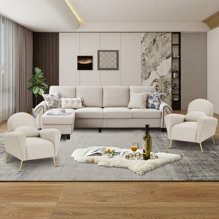 Sectional Sofa Couch Set for Living Room Velvet Accent Chair and 4 Seater Polyester L Shaped Couch with Ottoman Beige
