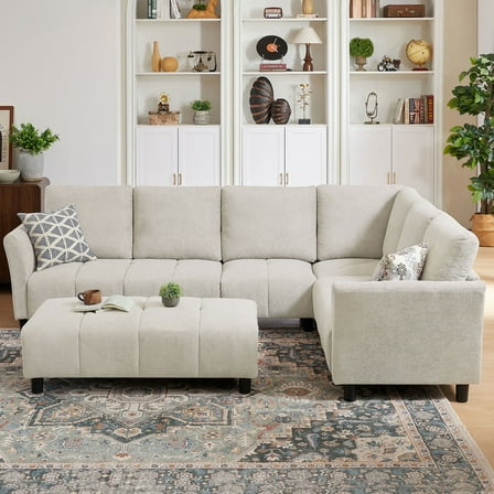 Sectional Sofa Couch Set for Living Room,Velvet Accent Chair and 4-Seater Polyester L Shaped Couch with Ottoman, Beige