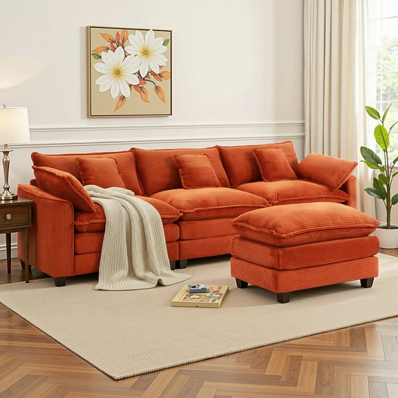 Sectional Sofa,Gexpusm 111" Corduroy Couch, 4 Seat Lounge Sleeper with Ottoman for Living Room ,Orange