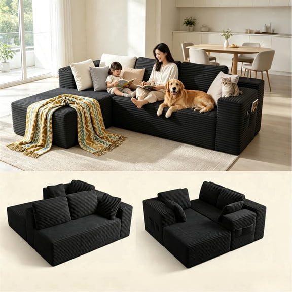 Sectional Sofa, Gizoon 105" Boneless Modular Cloud Couch with Deep Seat & Memory Foam Cushion in Corduroy for Living Room, Black