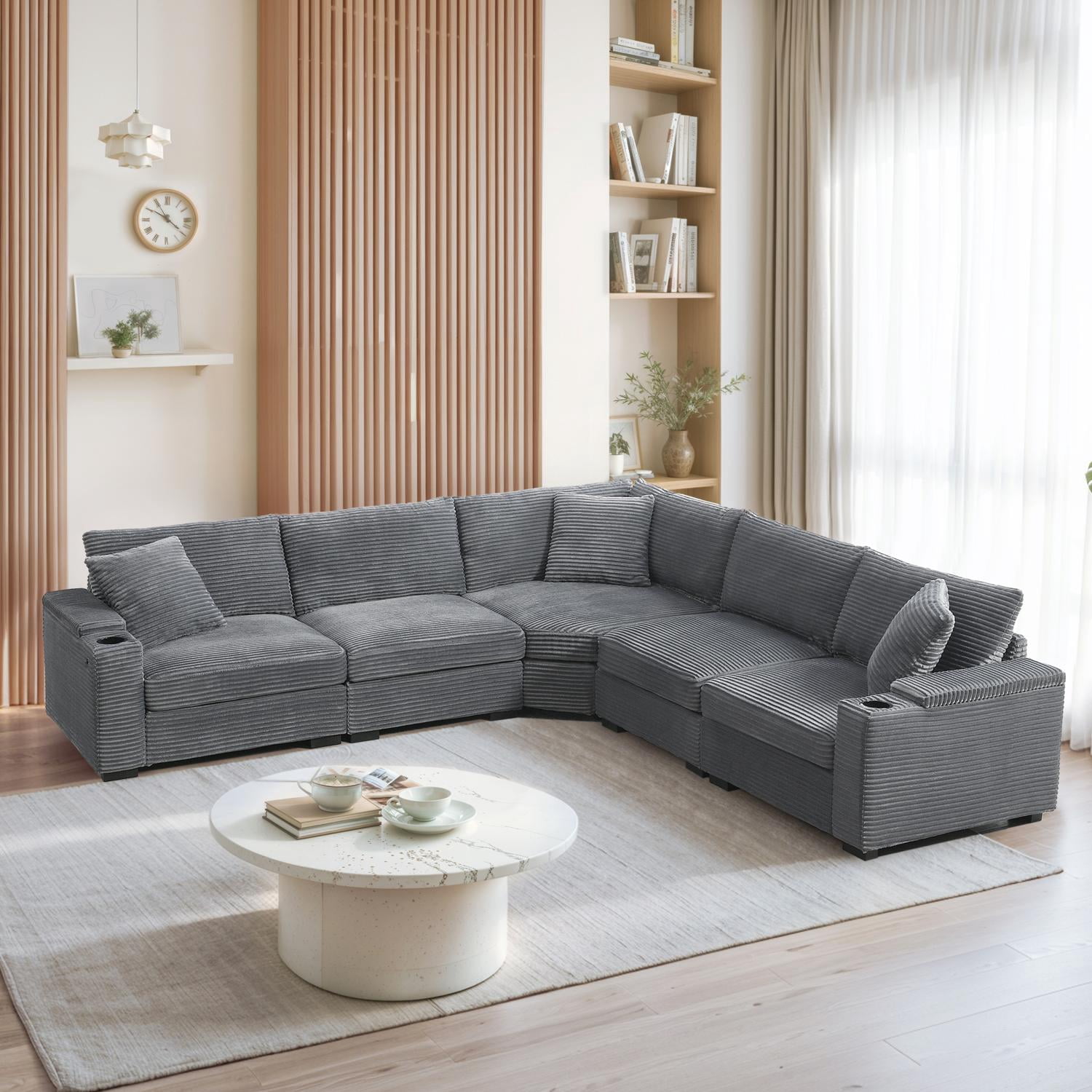 Sectional Sofa, L-Shape Sofa, Convertible Couch, Corner Couch with Armrest Storage and Cup Holders, Corduroy Sofa for Living Room, Gray