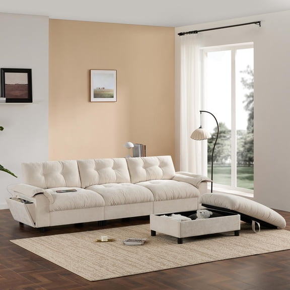 Sectional Sofa, L Shape Sofa, Tufted Sofa with Multifunction Pull-Out Armrest and Storage Ottoman, Chenille Couch with Side Storage Pockets, for Living Room, Beige