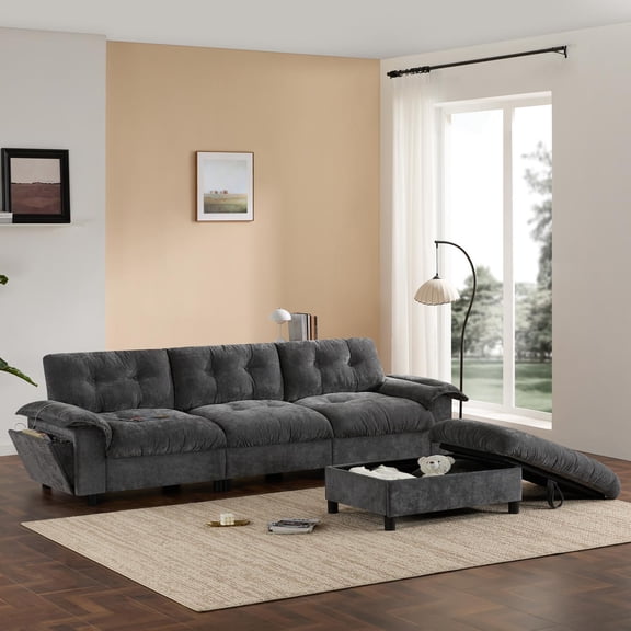 Sectional Sofa, L Shape Sofa, Tufted Sofa with Multifunction Pull-Out Armrest and Storage Ottoman, Chenille Couch with Side Storage Pockets, for Living Room, Dark Gray