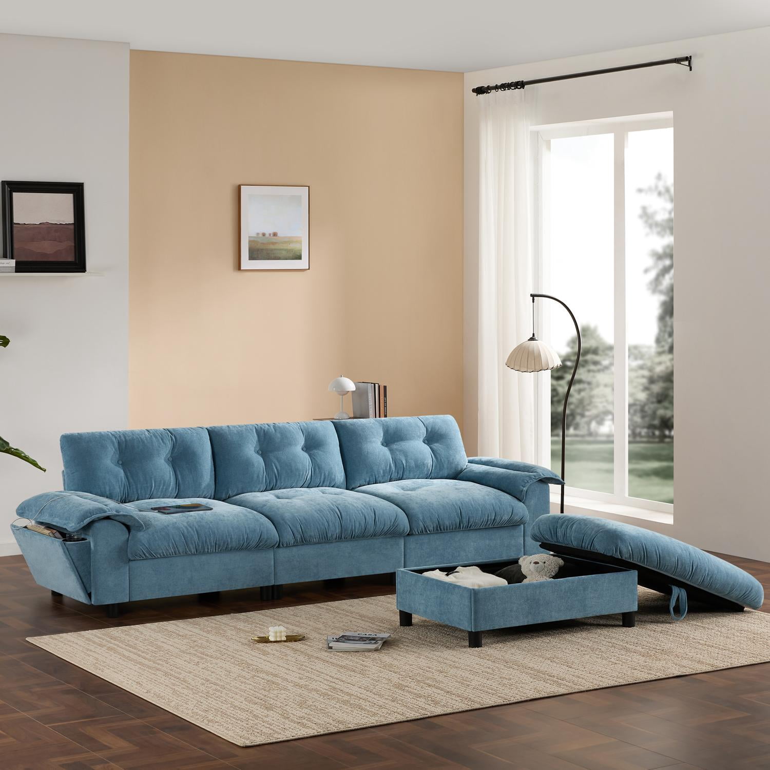Sectional Sofa, L Shape Sofa, Tufted Sofa with Multifunction Pull-Out Armrest and Storage Ottoman, Chenille Couch with Side Storage Pockets, for Living Room, Light Blue