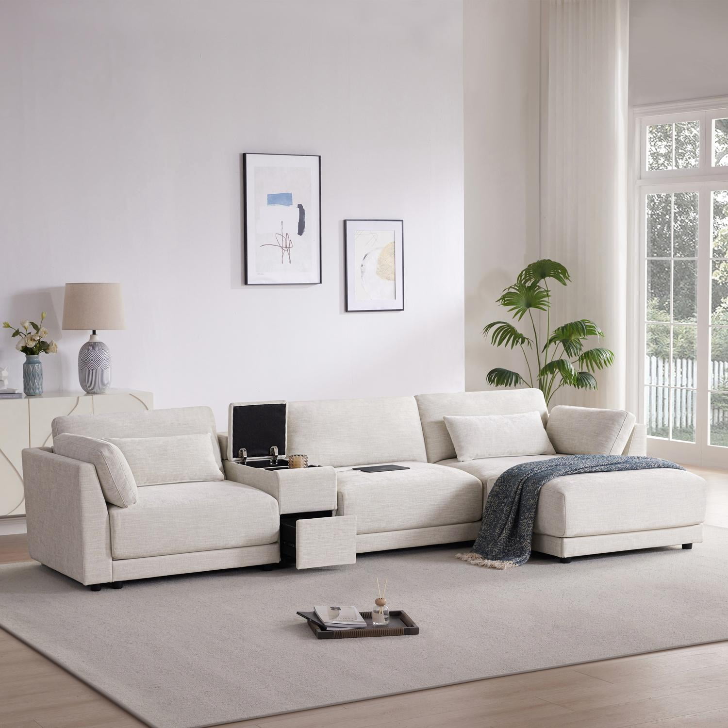 Sectional Sofa, L Shaped Couch, 4-Seat Sofa with Multi-Function Storage Console, Device Platform and Movable Ottoman, Wide 33 Inch Thick Cushion Chenille for Living Room, 124 Inch, Beige