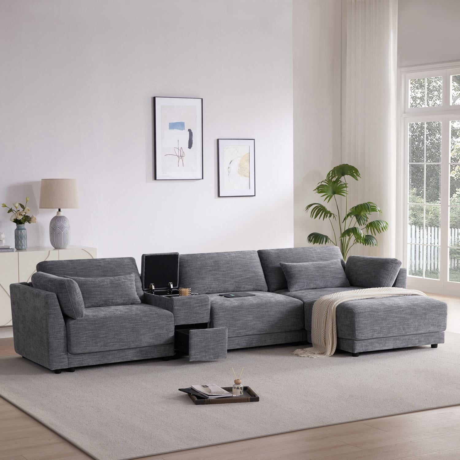 Sectional Sofa, L Shaped Couch, 4-Seat Sofa with Multi-Function Storage Console, Device Platform and Movable Ottoman, Wide 33 Inch Thick Cushion Chenille for Living Room, 124 Inch, Gray