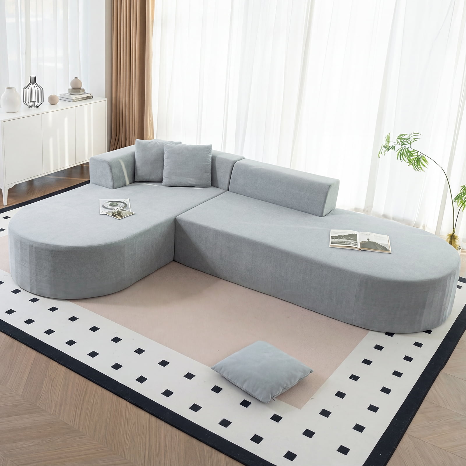 GARITIN L Shaped Modular, Corduroy Armless Couch with Deep Seats & Movable Sectional Sofa Ottoman Fabric, High-Resilience Foam, 107", Grey