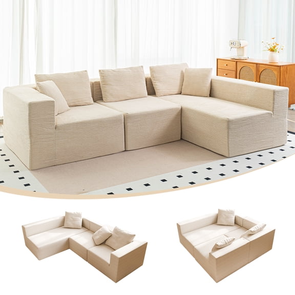 Sectional Sofa, L Shaped Sofa, Modular Sofa 110" Corduroy Boneless Couches with Deep Seat & Movable Ottoman, Comfy Cloud Couch for Living Room Bedroom, Beige
