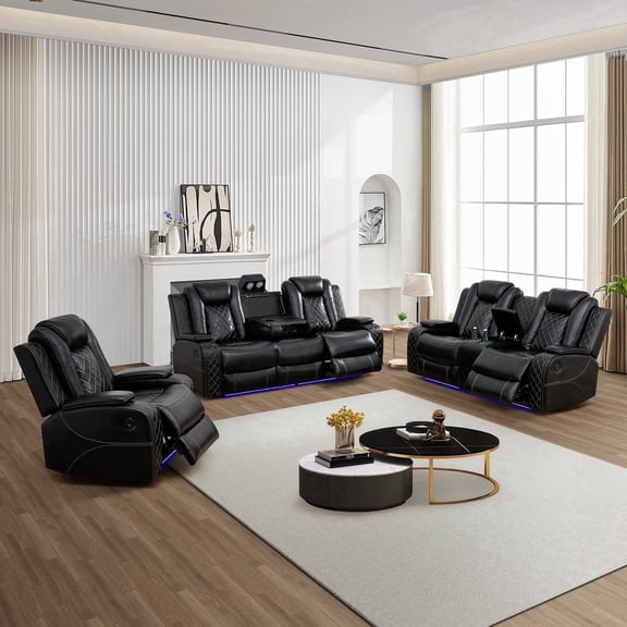 Sectional Sofa for Living Room, Power Recliner Sofa Set, Home Theater Seating with Flip-Down Console, USB & Wireless Charging, Movie RV Couch (Black, Sofa + Loveseat + Chair)