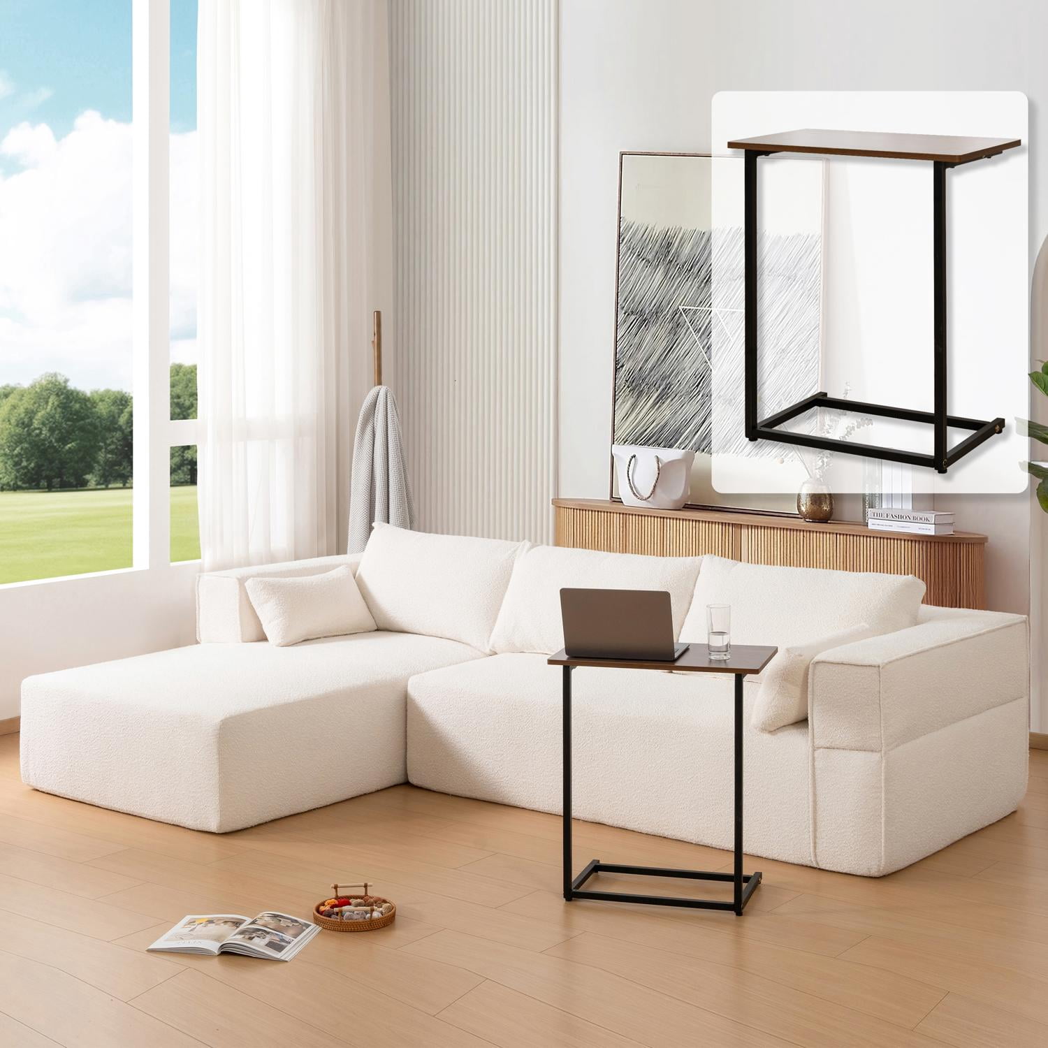 Sectional Sofa, Modular Couch, L-Shaped Fully Compressed with Free Side Table and 2 Pillows, No Assembly Required, Wrinkle-Resistant Boucle Fabric for Living Room, 112 Inch, Beige