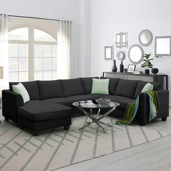 Sectional Sofa, Modular Sofa, 7-Seater Couch, L-Shape Fabric Sofa Set with Ottoman and 3 Pillows for Living Room, Black