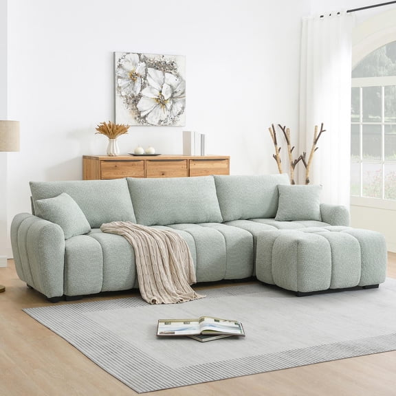 Sectional Sofa, Modular Sofa, L-Shape Couch, Boucle Sofa with Pull-Line Design and Movable Ottoman, Light Green