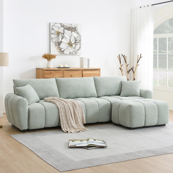 Sectional Sofa, Modular Sofa, L-Shape Couch, Boucle Sofa with Pull-Line Design and Movable Ottoman, Light Green