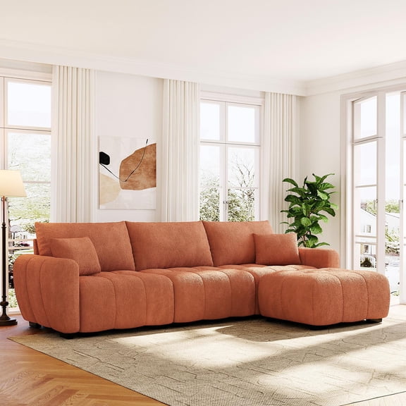 Sectional Sofa, Modular Sofa, L-Shape Couch, Boucle Sofa with Pull-Line Design and Movable Ottoman, Orange