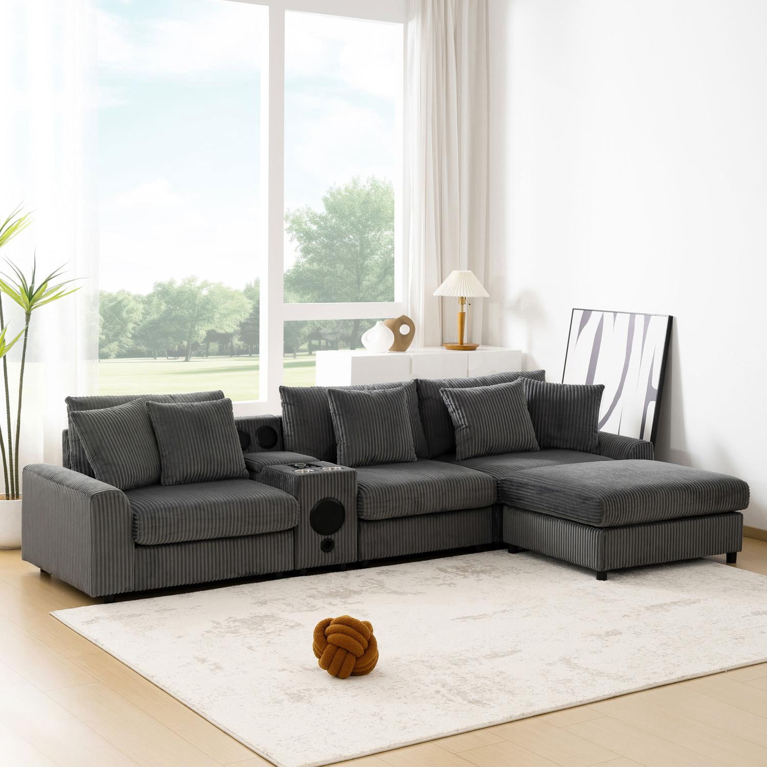 Sectional Sofa, Modular Sofa, L-Shape Couch, Corduroy Sofa with Console, Integrated Audio and Movable Ottoman, Dark Gray