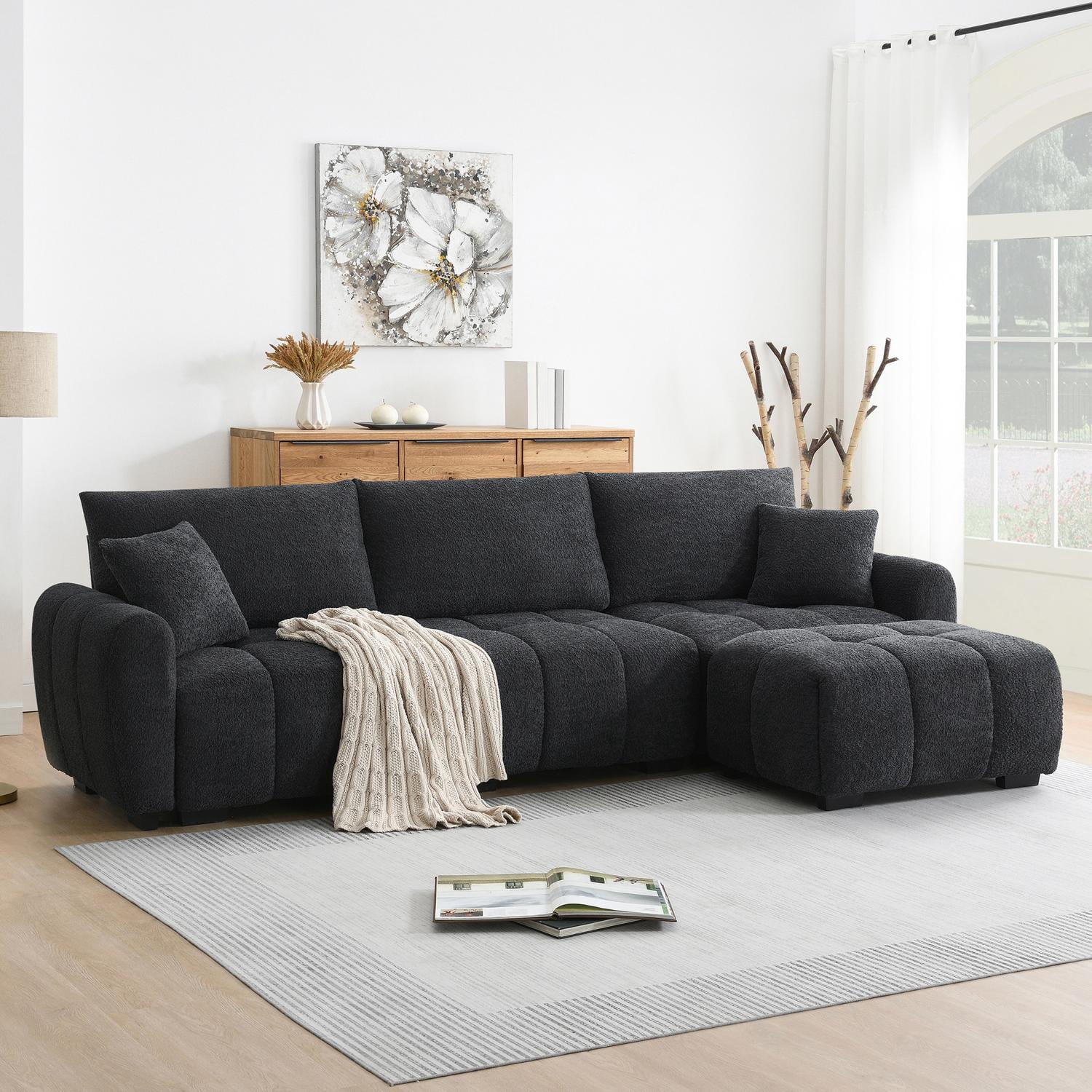 Sectional Sofa, Modular Sofa, L-Shape Couch with Movable Ottoman and Pull-Line Design, 4-Seater Boucle Fabric Sofa, Black+Gray