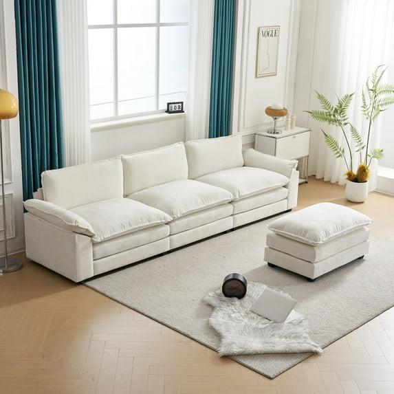 Sectional Sofa with Ottoman, 3-Seater Indoor Modular Sofa with Removable Armrests & Double-layer Cushion, Modern Chenille Upholstered L-Shape Couch for Living Room Bedroom Apartment, Creamy White