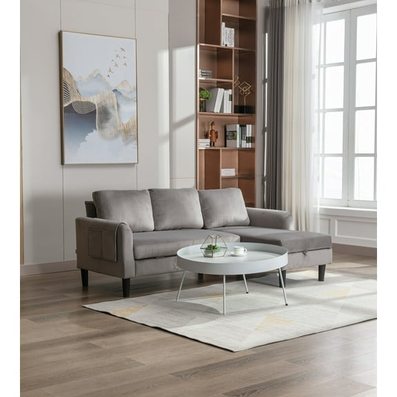 Sectional Sofa with Pull Out Bed,Solid Wood & Velvet Upholstered 2 Seats Sofa and Reversible Chaise Lounge Storage,Modern Design 72" L-Shaped Sleeper Sofa for Living Room,Gray