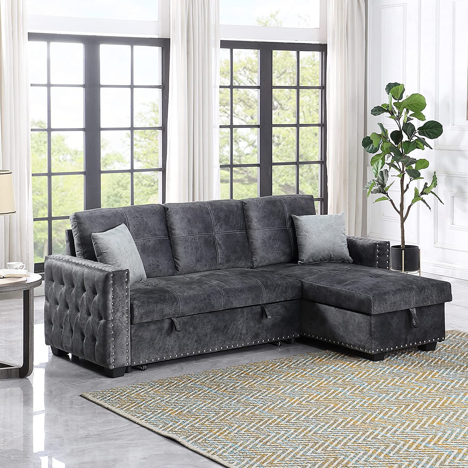 Sectional Sofa with Pull Out Bed Solid Wood&Charcoal Linen Fabric