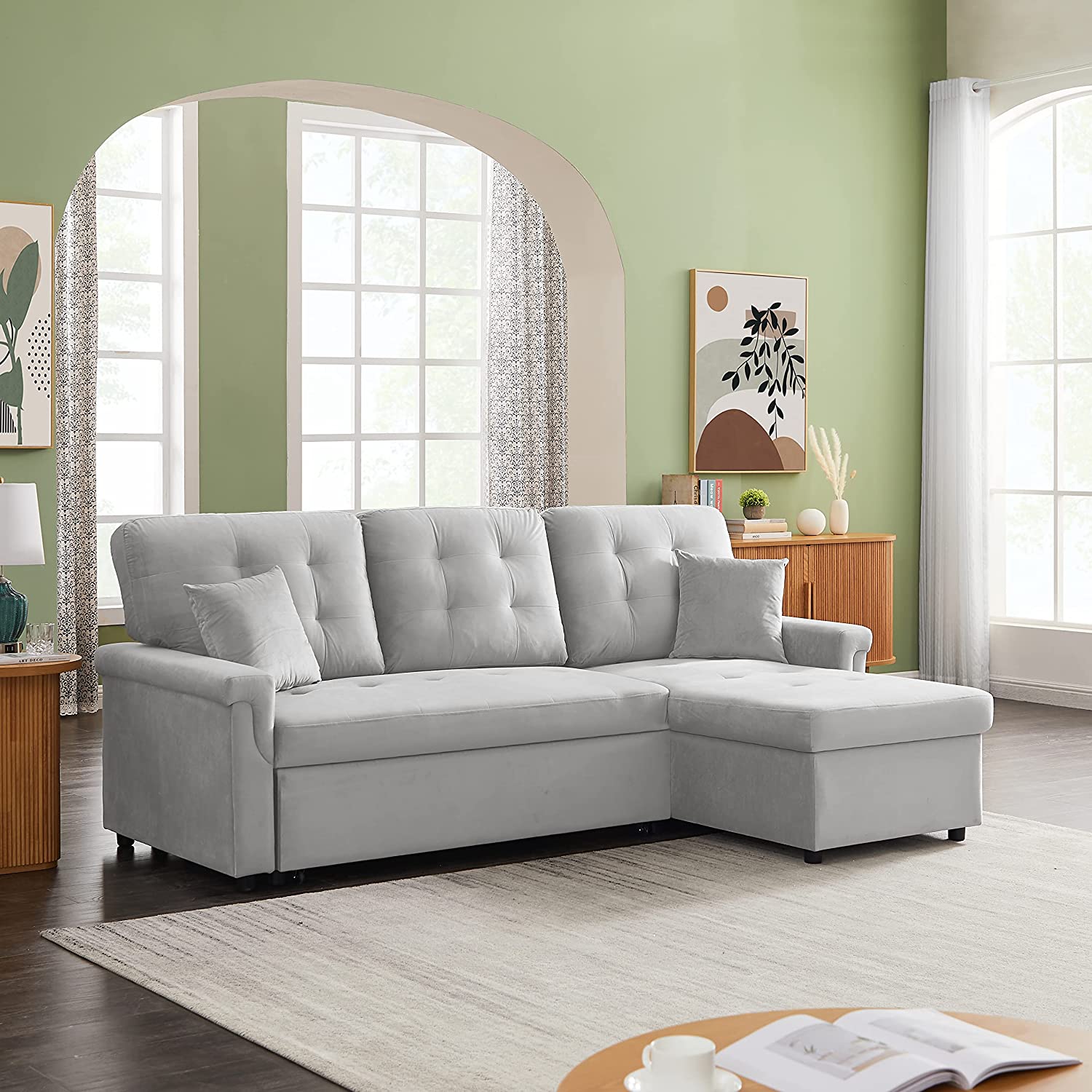Sectional Sofa with Pull Out Bed Solid Wood&Charcoal Linen Fabric