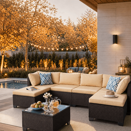 Aiho Outdoor Patio Furniture Set with All Weather Pe Rattan, 7- Piece Outdoor Sectional Sofa with Soft Chshions and Coffee Table, For Garden, Patio, Porch, Pool, Balcony, Backyard - Beige