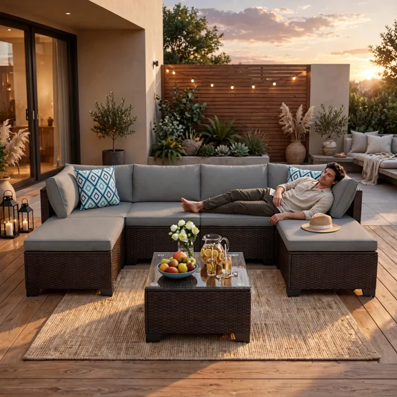 Aiho 7-Piece Outdoor Patio Furniture Set, All-Weather Wicker Sectional Sofa with Tempered Glass Coffee Table for Backyard Garden Use, Grey