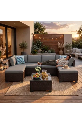 7-Piece Outdoor Patio Furniture Set, All-Weather Wicker Sectional Sofa with Tempered Glass Coffee Table for Backyard Garden Use, Grey