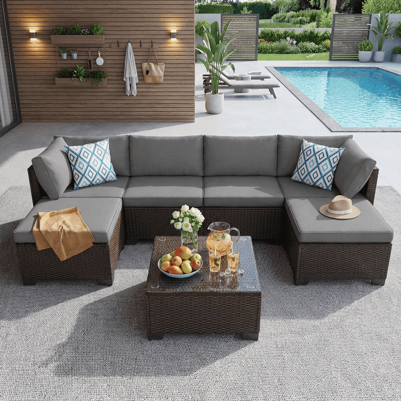 Aiho Outdoor Patio Furniture Set with All Weather Pe Rattan, 7- Piece Outdoor Sectional Sofa with Soft Chshions and Coffee Table, For Garden, Patio, Porch, Pool, Balcony, Backyard - Gray