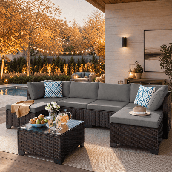 Aiho 7-Piece Outdoor Patio Furniture Set, All-Weather Wicker Sectional Sofa with Tempered Glass Coffee Table for Backyard Garden Use, Grey