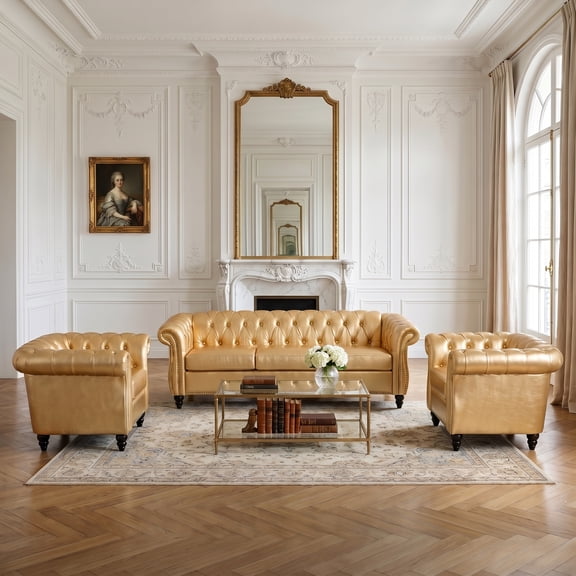 Sectional Sofa Set, 5 Seat Configurable Living Room Furniture in Gold PU Leather with Deep Button Tufting and Solid Birch Legs, Waterproof and Stain-Resistant Lounge Seating Set