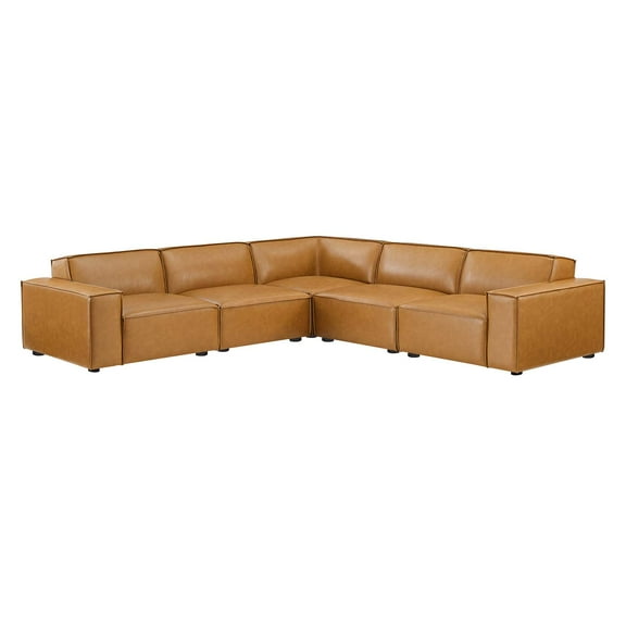 Sectional Sofa Set, Faux Vegan Leather, Tan, Modern Contemporary Urban Design, Living Lounge Room Hotel Lobby Hospitality