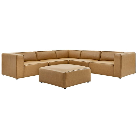 Sectional Sofa Set, Faux Vegan Leather, Tan, Modern Contemporary Urban Design, Living Lounge Room Hotel Lobby Hospitality